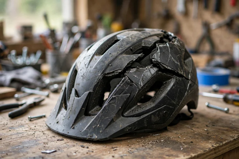 Cracked e-bike helmet shell after a crash on a workbench
