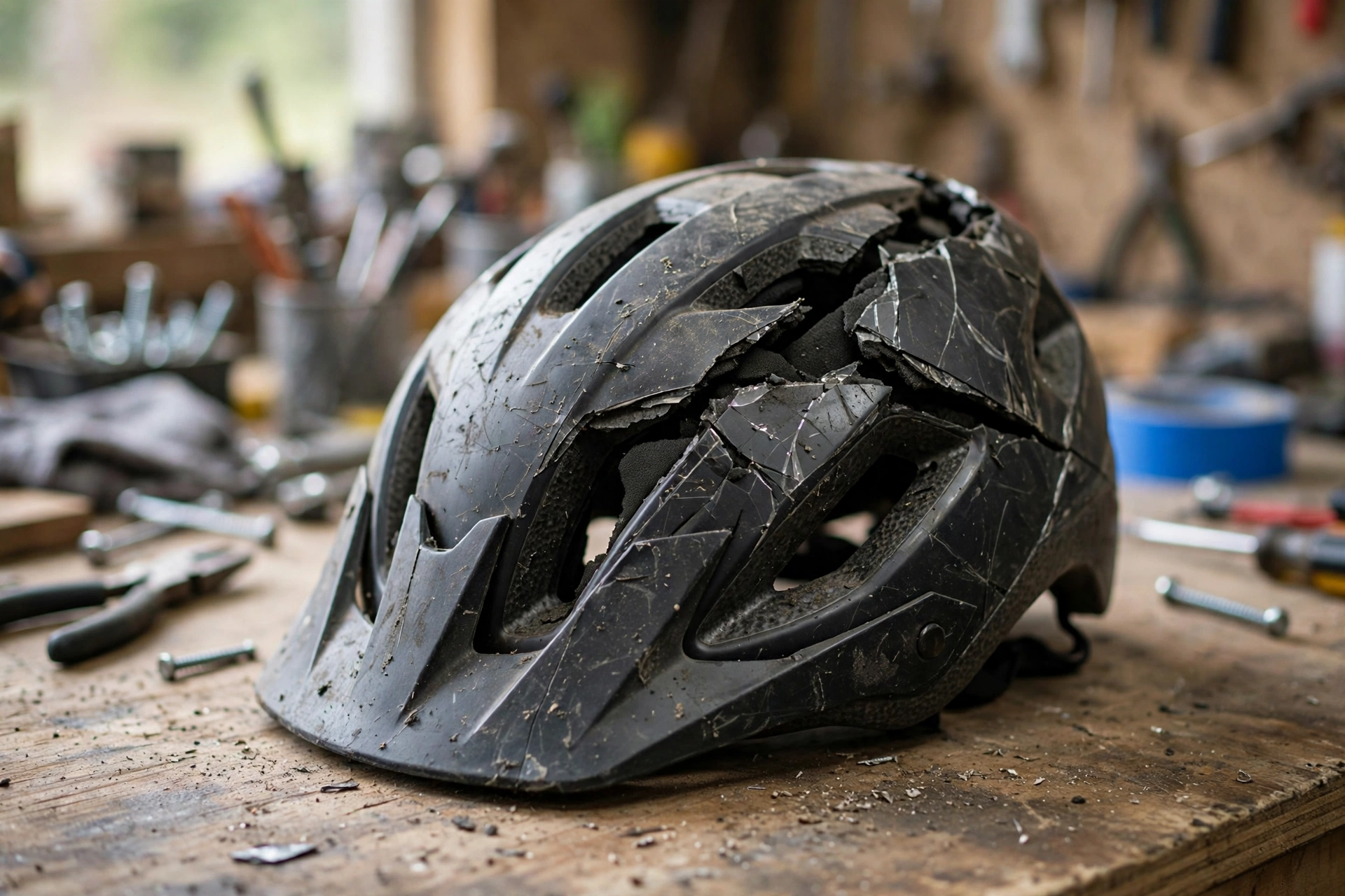 Cracked e-bike helmet shell after a crash on a workbench