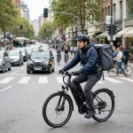 Food delivery rider wearing a helmet on an e-bike in the city