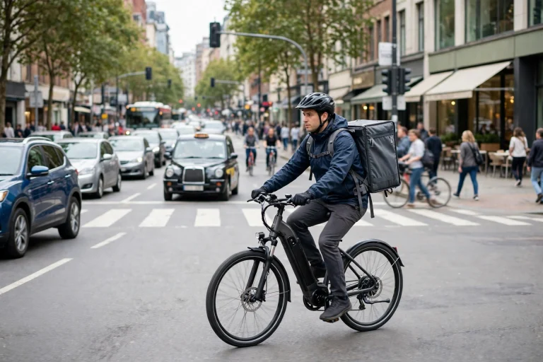 Food delivery rider wearing a helmet on an e-bike in the city