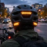 E-bike helmet rear turn signal lights glowing amber at an intersection