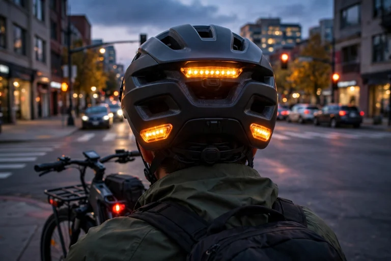 E-bike helmet rear turn signal lights glowing amber at an intersection