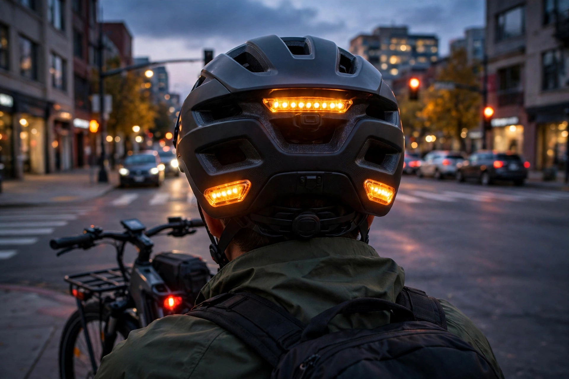 E-bike helmet rear turn signal lights glowing amber at an intersection