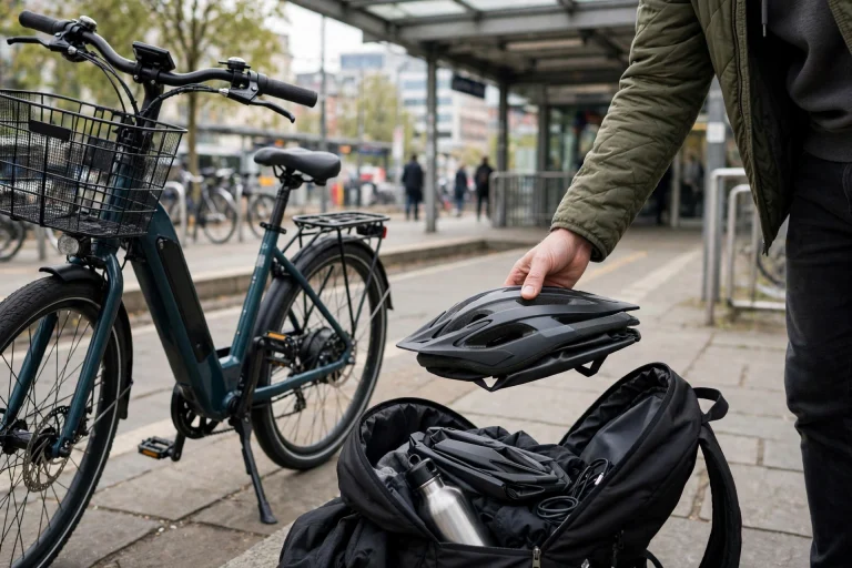 Foldable helmet collapsing flat into a commuter backpack