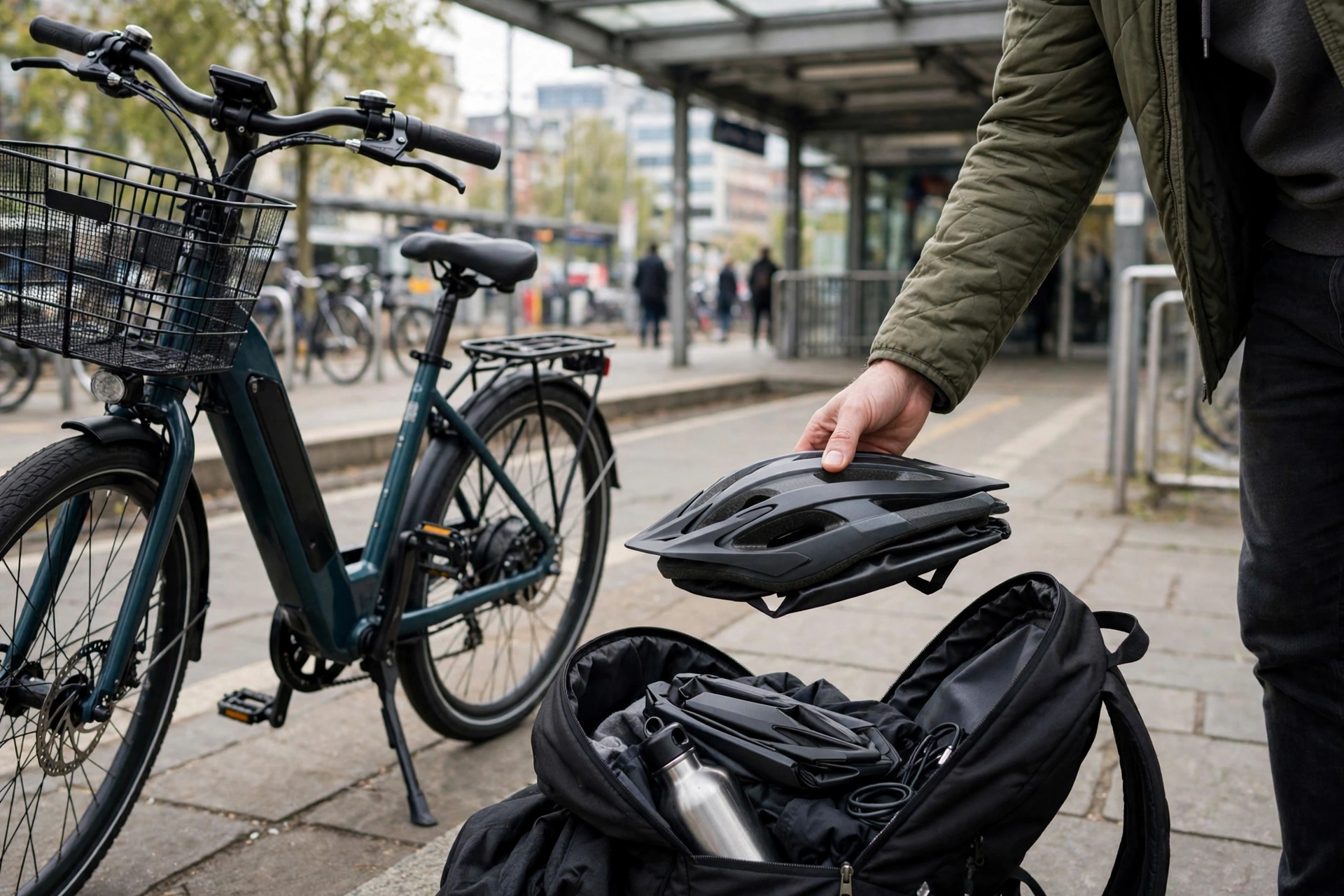 Foldable helmet collapsing flat into a commuter backpack