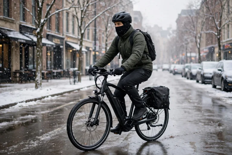 Winter e-bike commuter wearing a sealed helmet and balaclava in snow