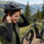 Woman fitting an e-bike helmet over a low ponytail