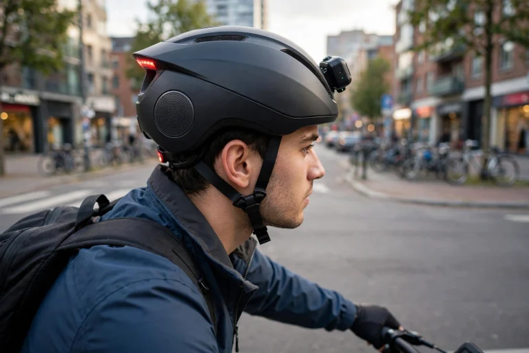 Smart e-bike helmet with built-in speakers and crash sensor
