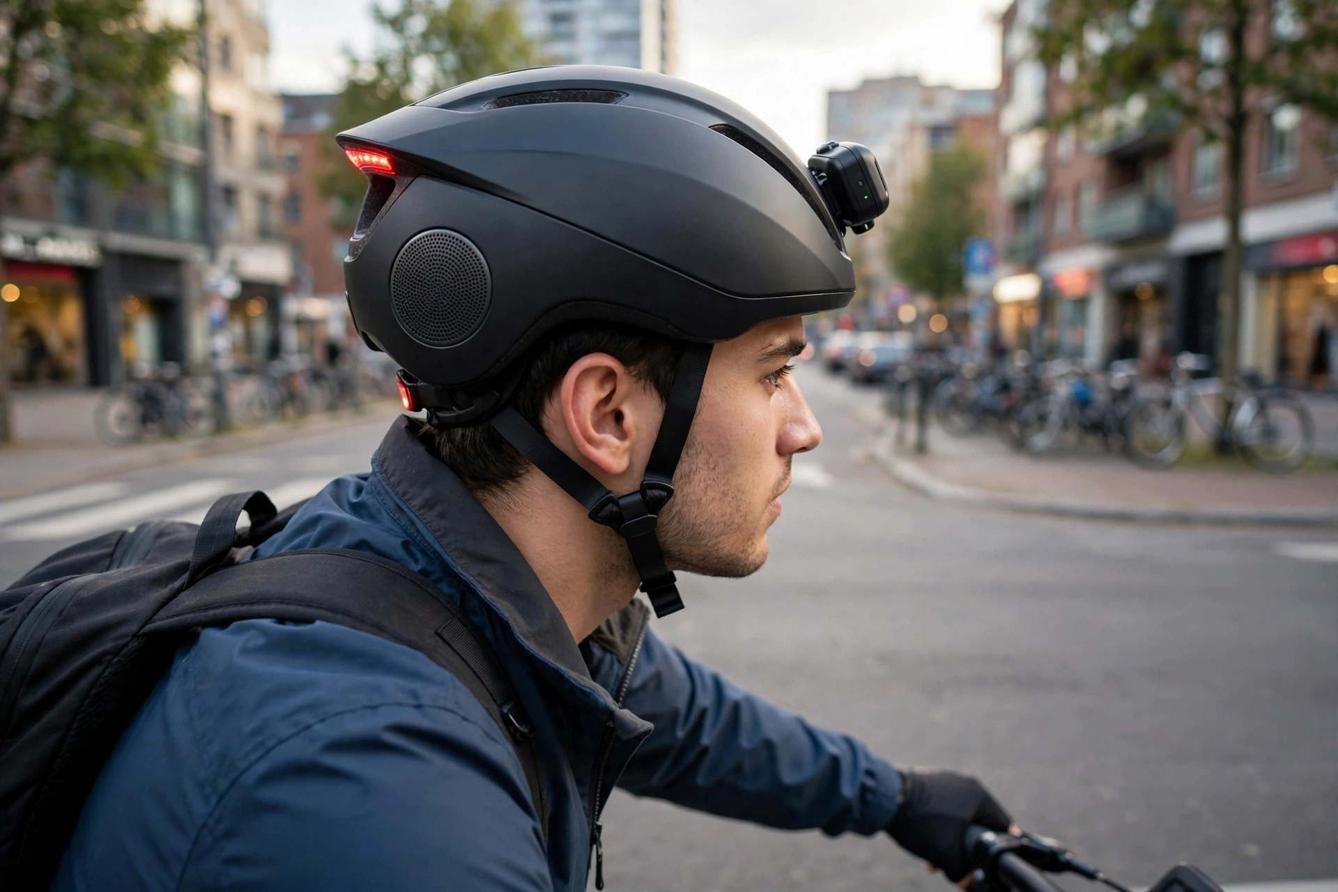 Smart e-bike helmet with built-in speakers and crash sensor