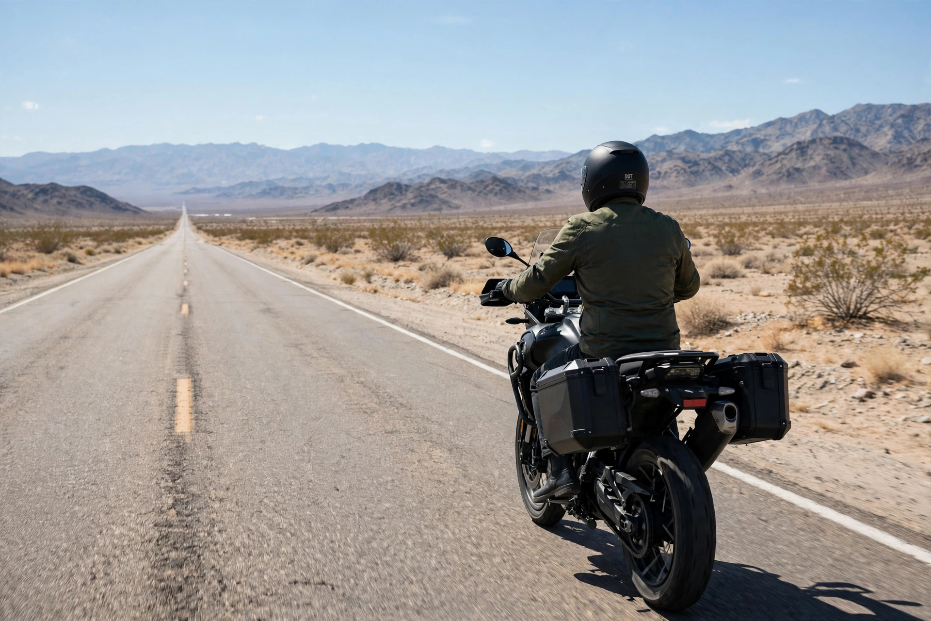 Motorcycle rider wearing a DOT-approved helmet on a Nevada highway