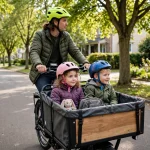 Parent wearing a helmet riding a cargo e-bike with kids in front