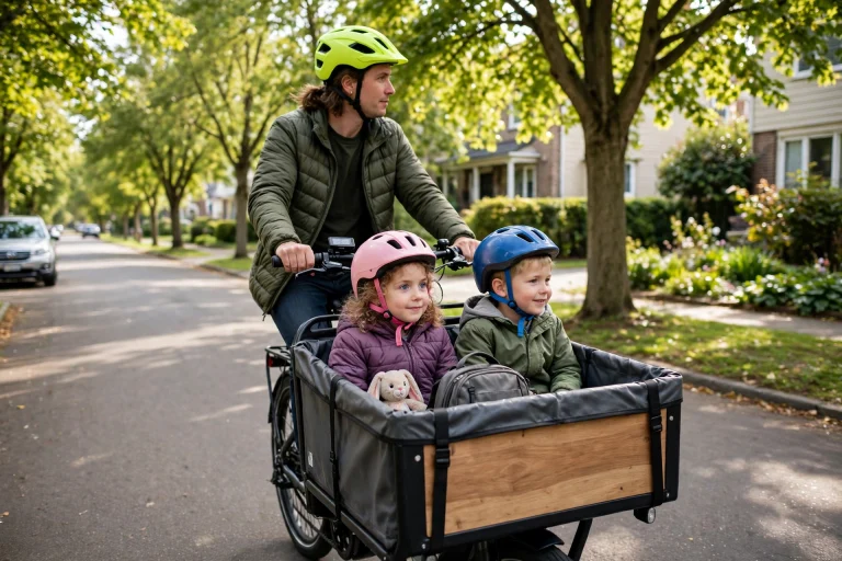 Parent wearing a helmet riding a cargo e-bike with kids in front