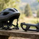 Convertible e-bike helmet with its chin bar detached beside it