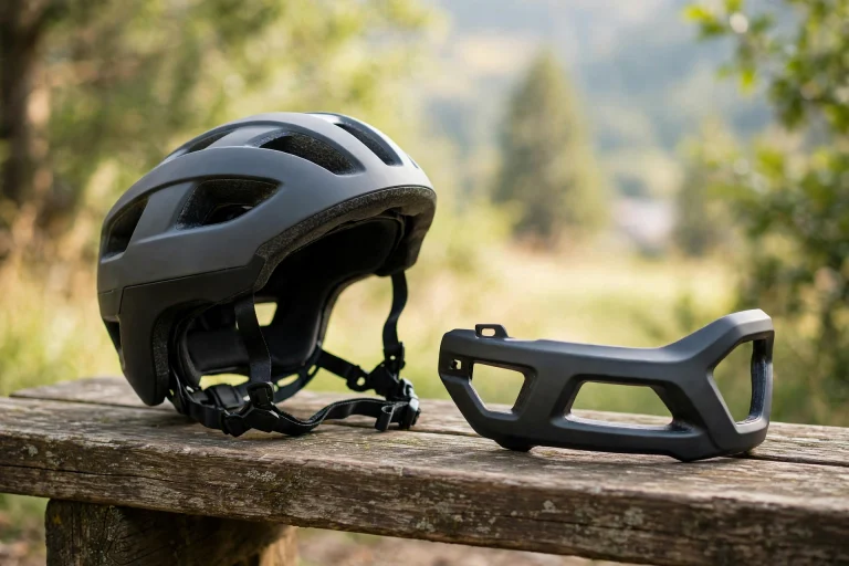 Convertible e-bike helmet with its chin bar detached beside it