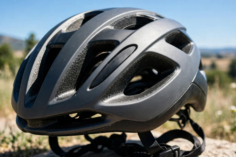 Close-up of large cooling vents on an e-bike helmet in summer sun