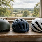 Three e-bike helmets in a row from budget to premium on a bench