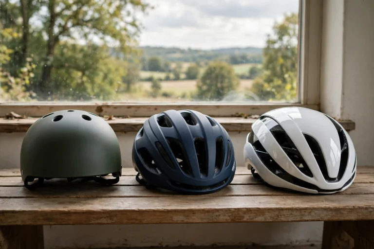 Three e-bike helmets in a row from budget to premium on a bench