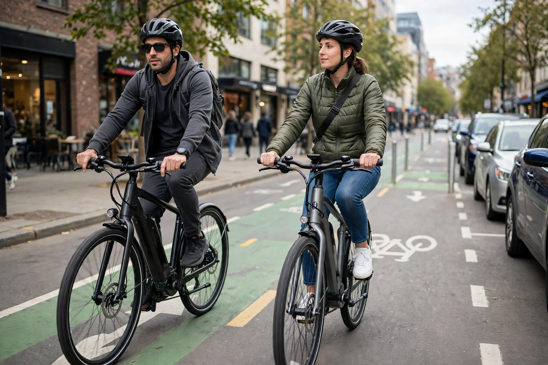 Two e-bike riders side by side one using a throttle one pedaling