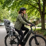 Parent wearing a helmet riding an e-bike with a child seat behind