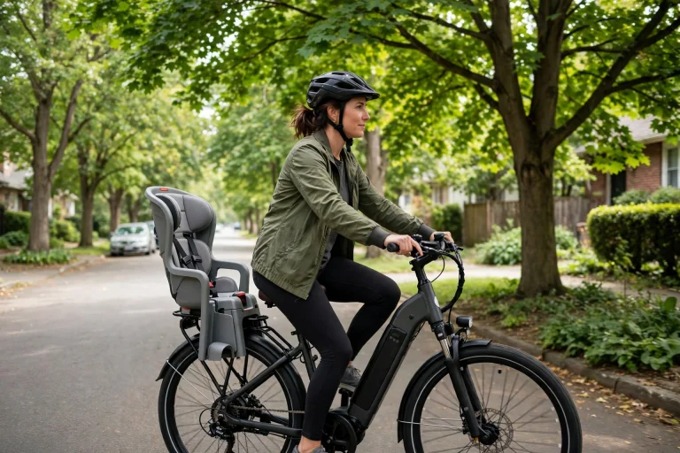 Parent wearing a helmet riding an e-bike with a child seat behind