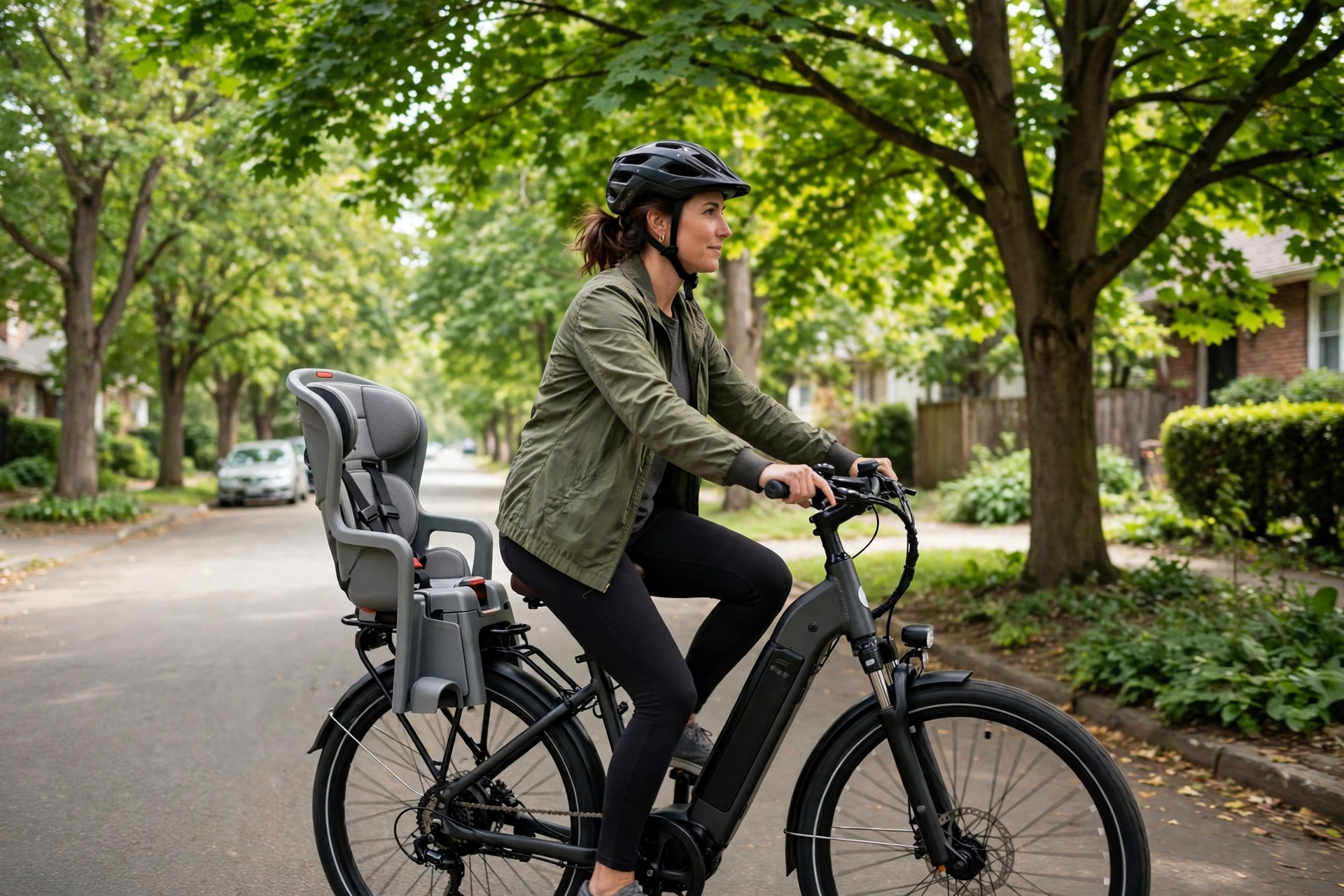 Parent wearing a helmet riding an e-bike with a child seat behind