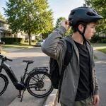 Teenager trying on an e-bike helmet checking the fit dial