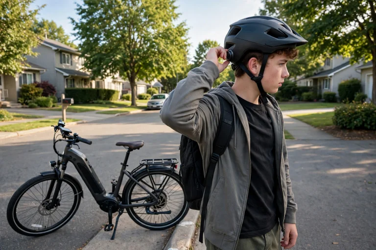 Teenager trying on an e-bike helmet checking the fit dial