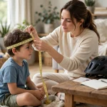 Parent measuring a child's head with a soft tape for a helmet