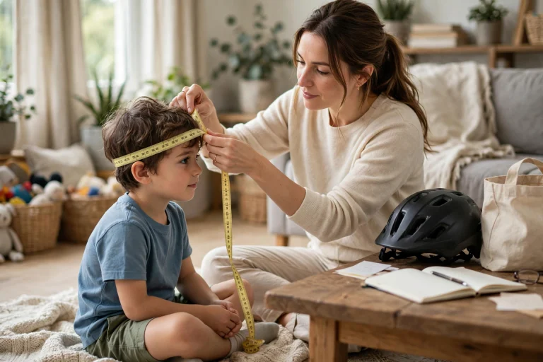 Parent measuring a child's head with a soft tape for a helmet
