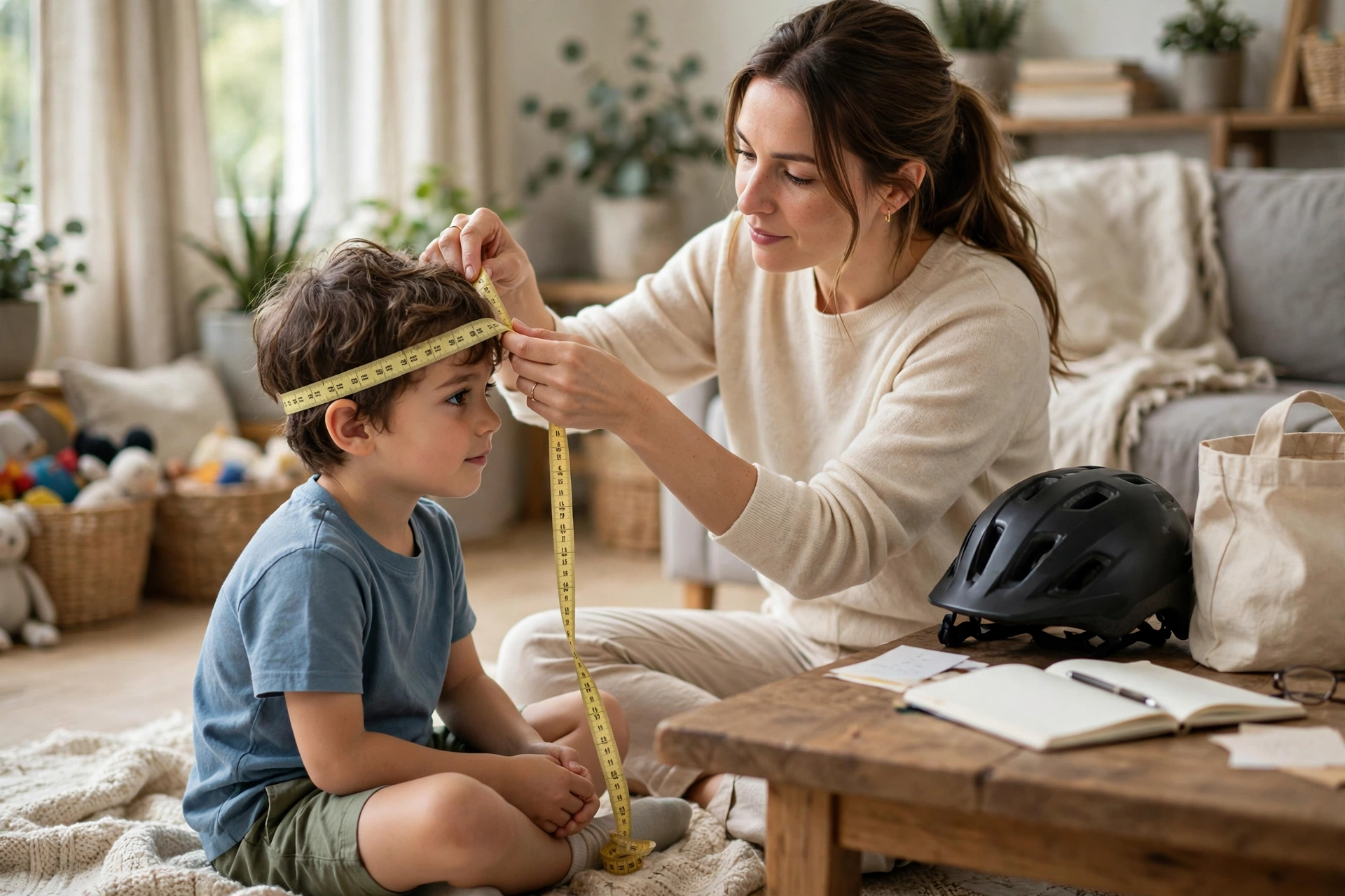 Parent measuring a child's head with a soft tape for a helmet