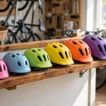 Row of colorful kids bike helmets in different sizes on a shelf