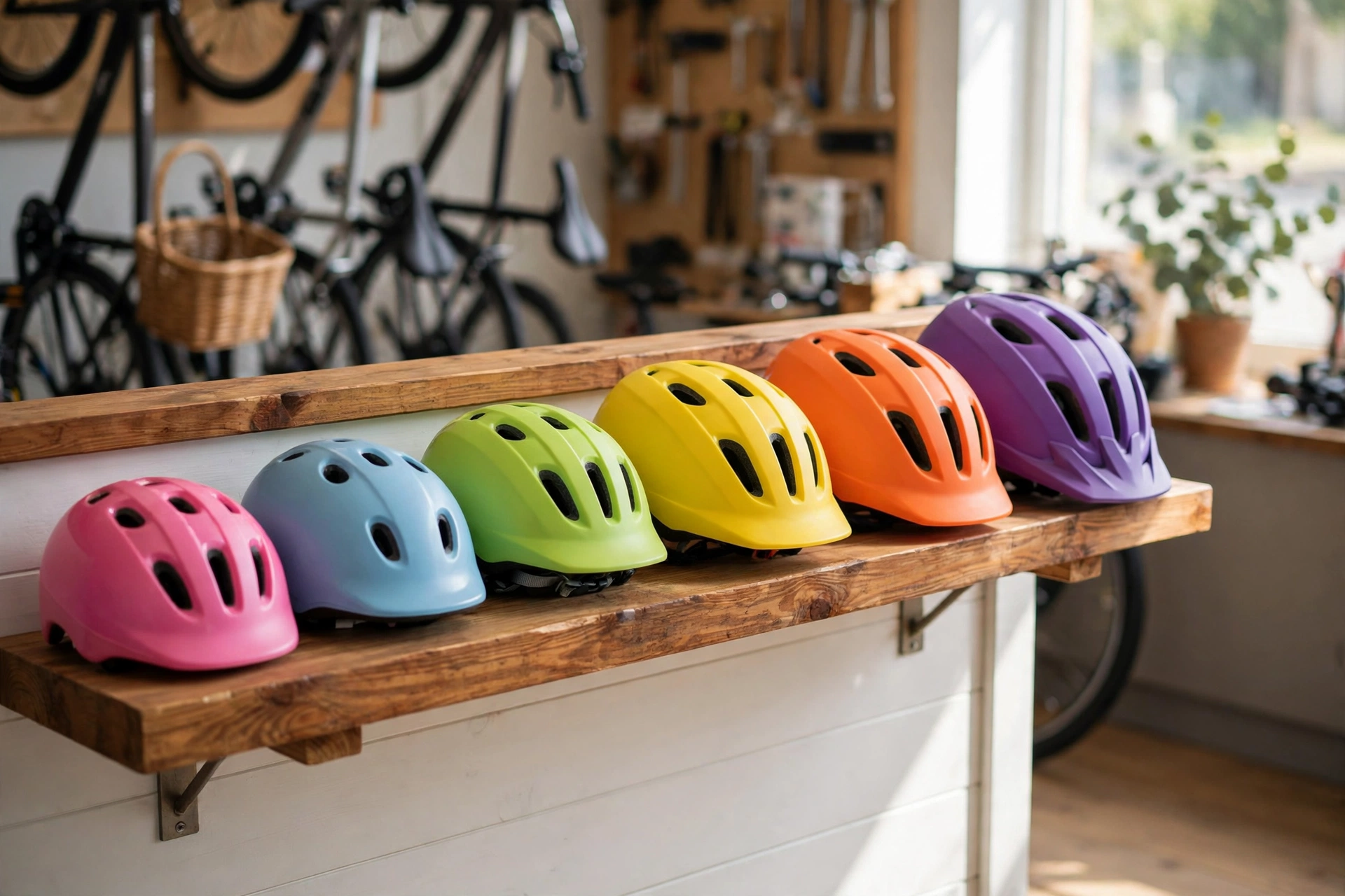 Row of colorful kids bike helmets in different sizes on a shelf