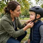 Parent checking the strap snugness of a child's bike helmet