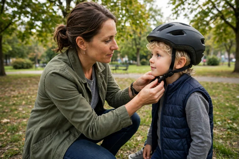 Parent checking the strap snugness of a child's bike helmet