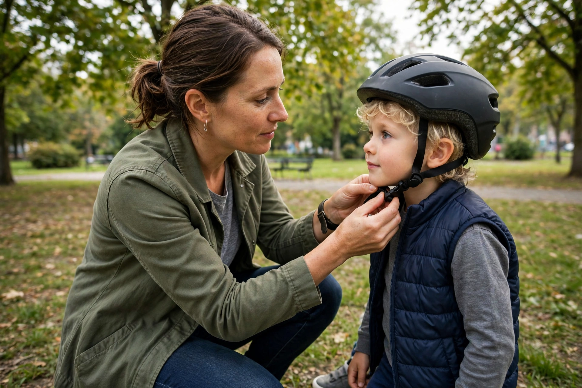 Parent checking the strap snugness of a child's bike helmet
