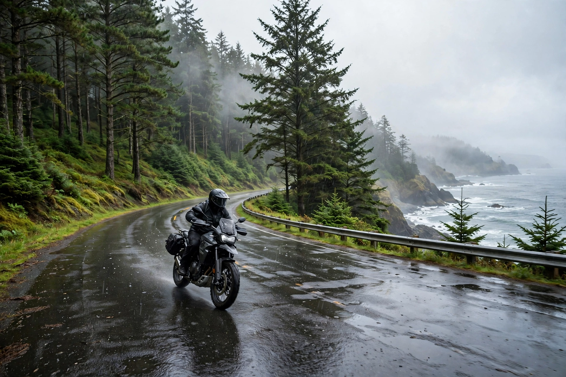 Motorcycle rider wearing a helmet on a wet Oregon highway