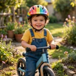 Smiling toddler wearing a bright helmet holding a balance bike