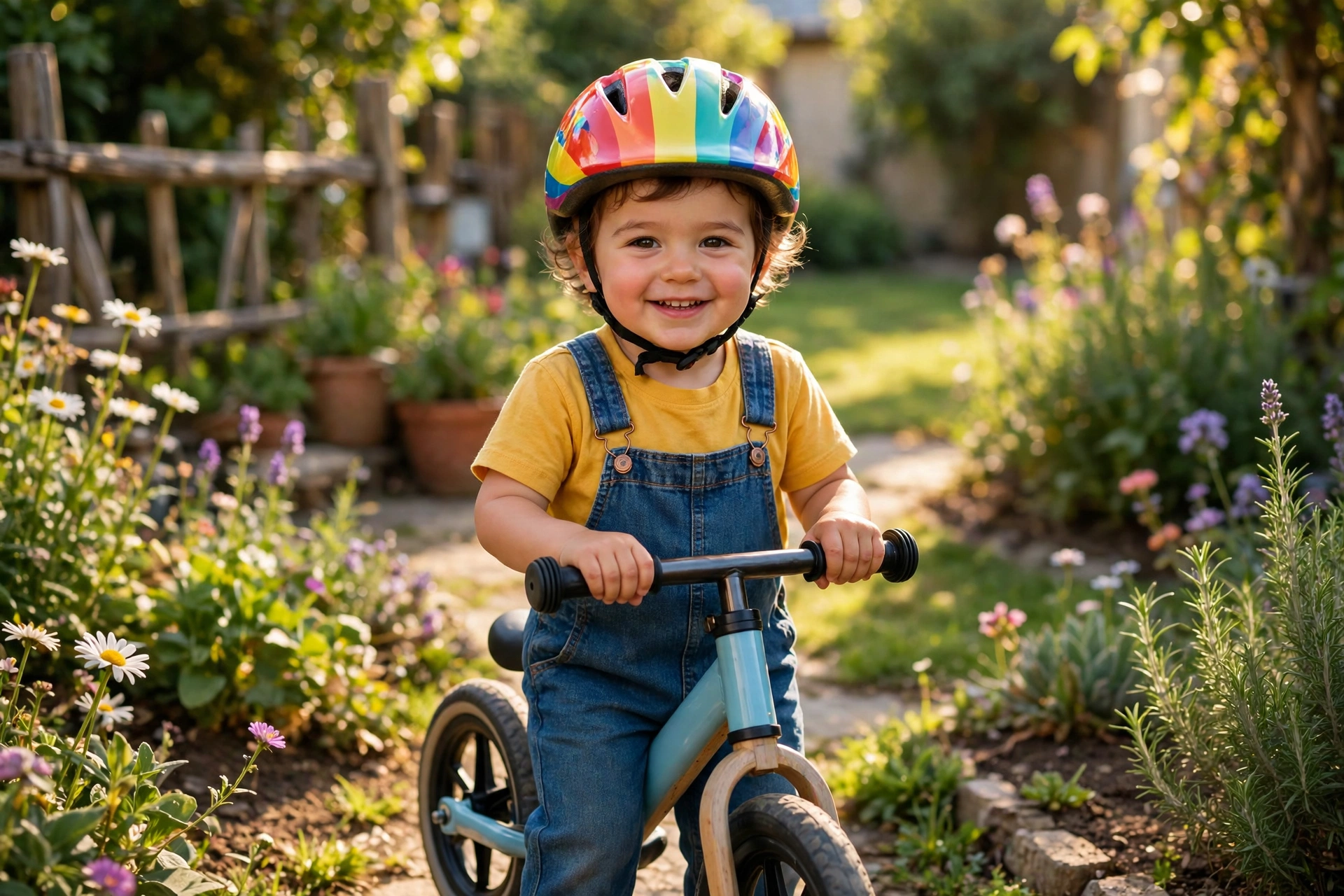 Smiling toddler wearing a bright helmet holding a balance bike