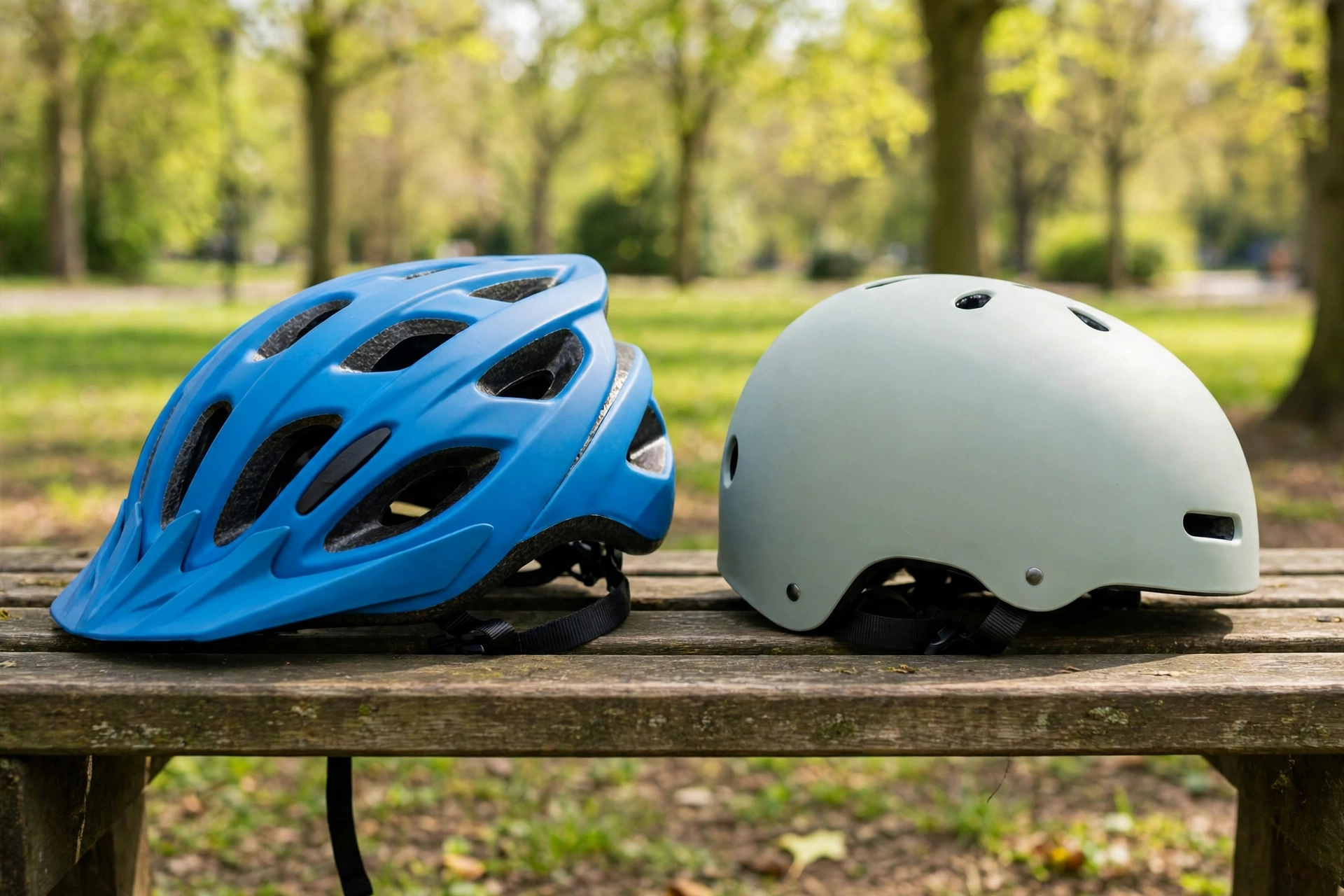 Child's bike helmet and skate helmet side by side on a bench