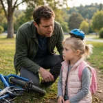 Parent noticing a child's helmet sitting too high and small