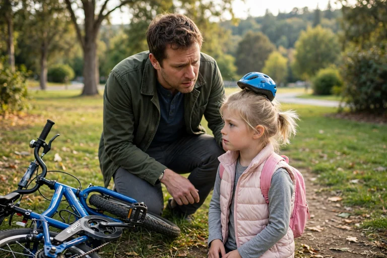 Parent noticing a child's helmet sitting too high and small