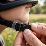 Close-up of a child's helmet buckle with a pinch guard fitted