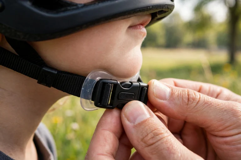 Close-up of a child's helmet buckle with a pinch guard fitted