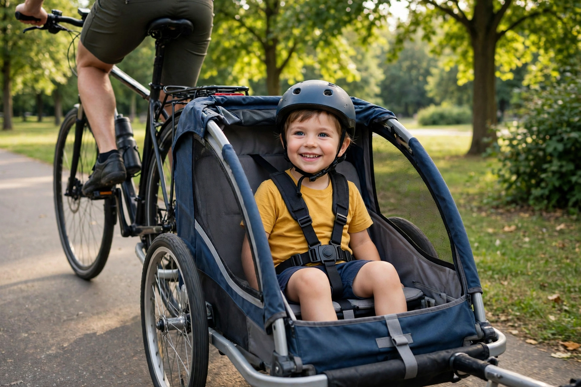 Child wearing a helmet sitting in a bike trailer behind a parent