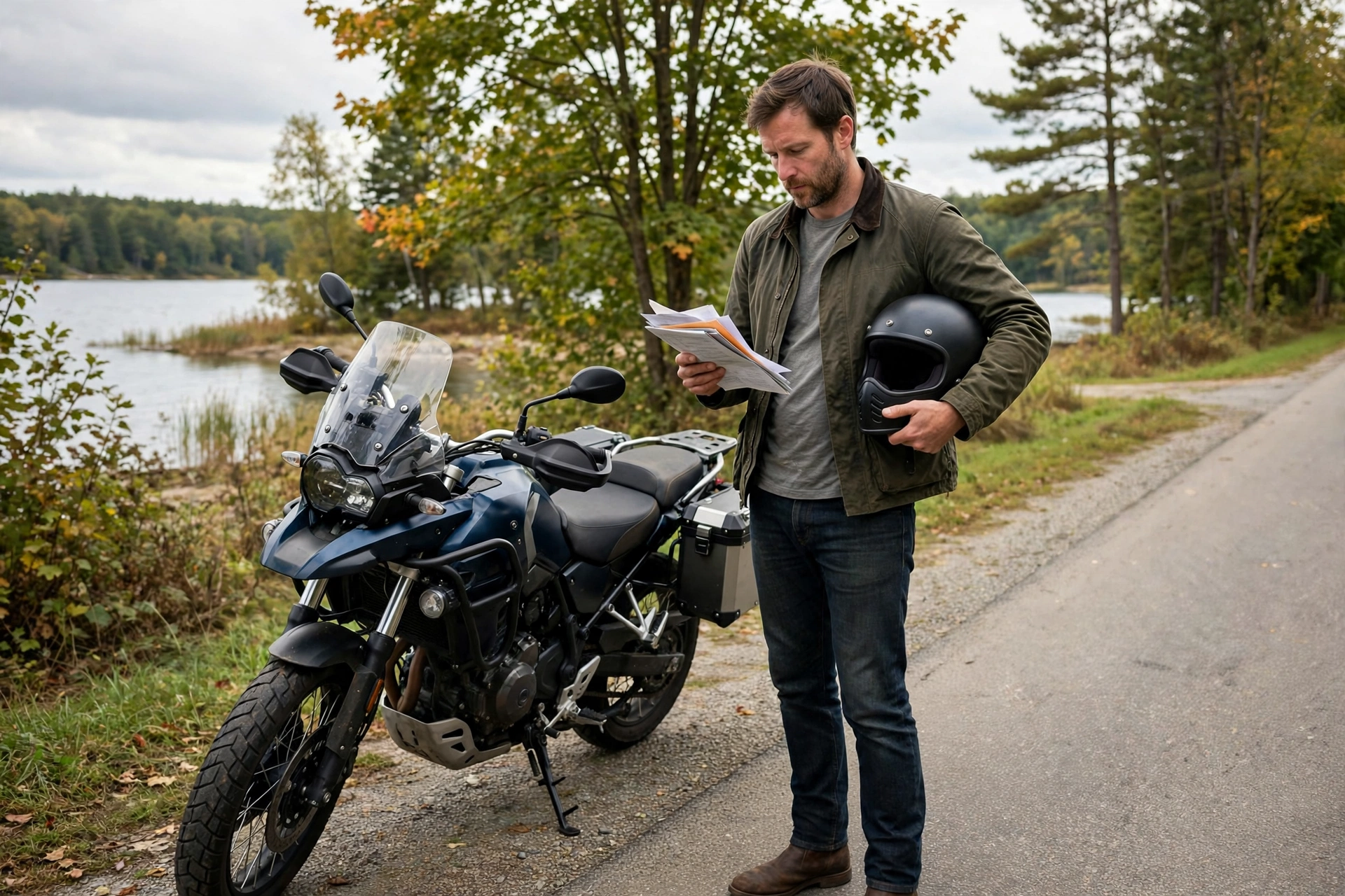 Adult motorcycle rider in Michigan with helmet and insurance papers