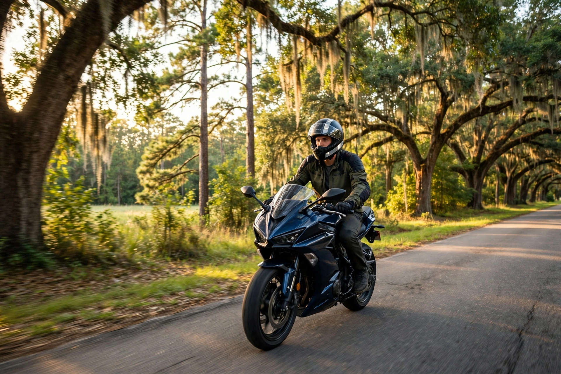 Young motorcycle rider wearing a reflective helmet in South Carolina