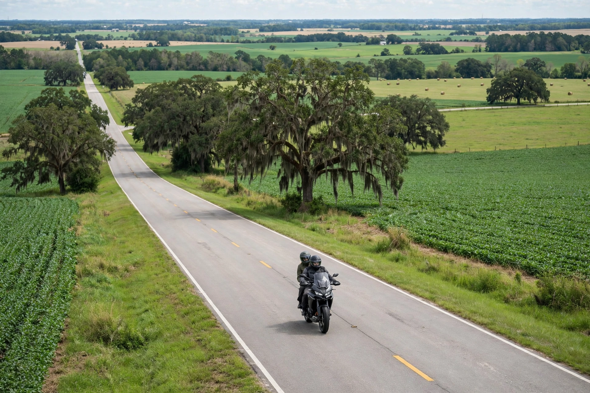 Motorcycle rider and passenger wearing approved helmets on an Alabama road