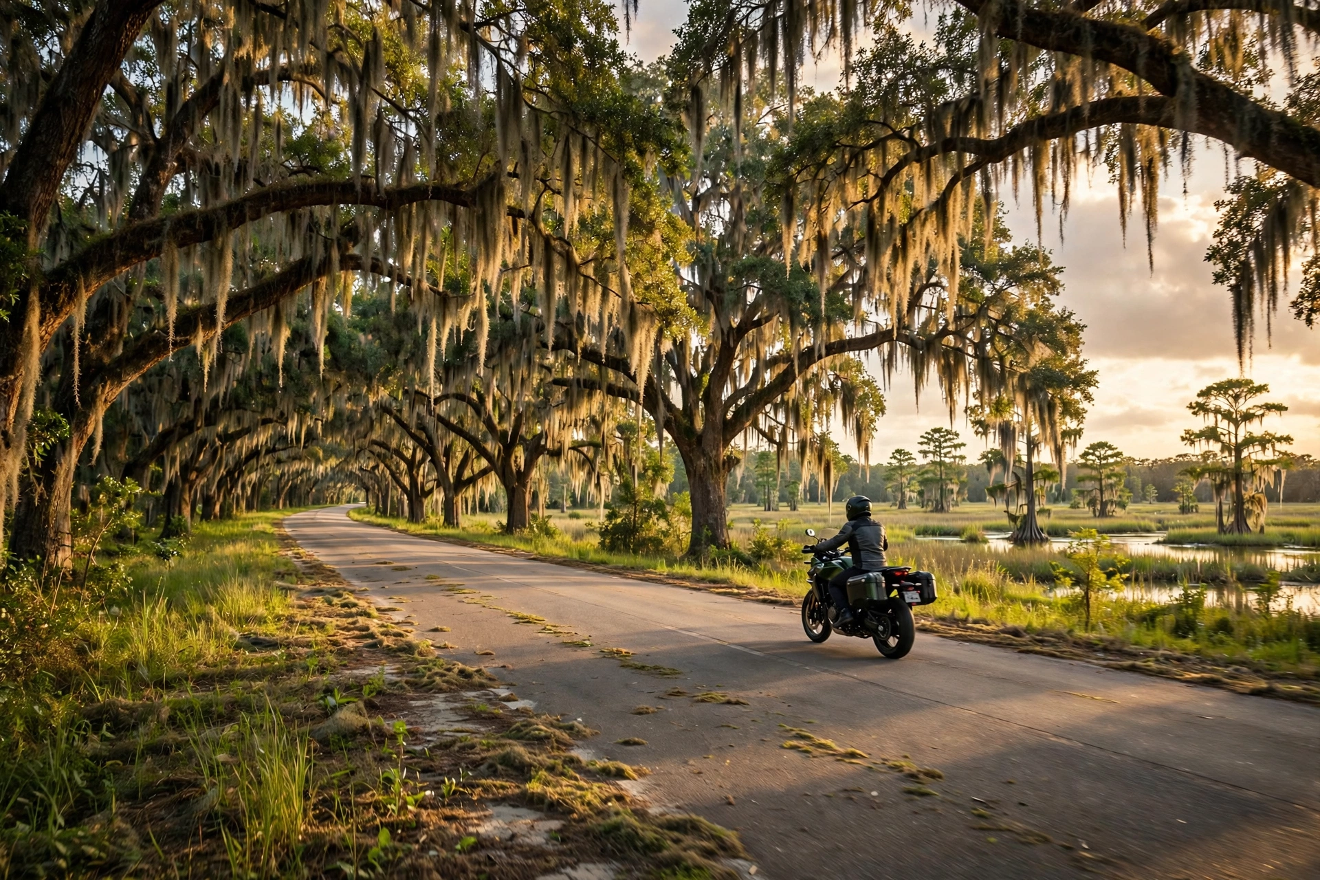 Motorcyclist in a certified helmet riding a Louisiana highway