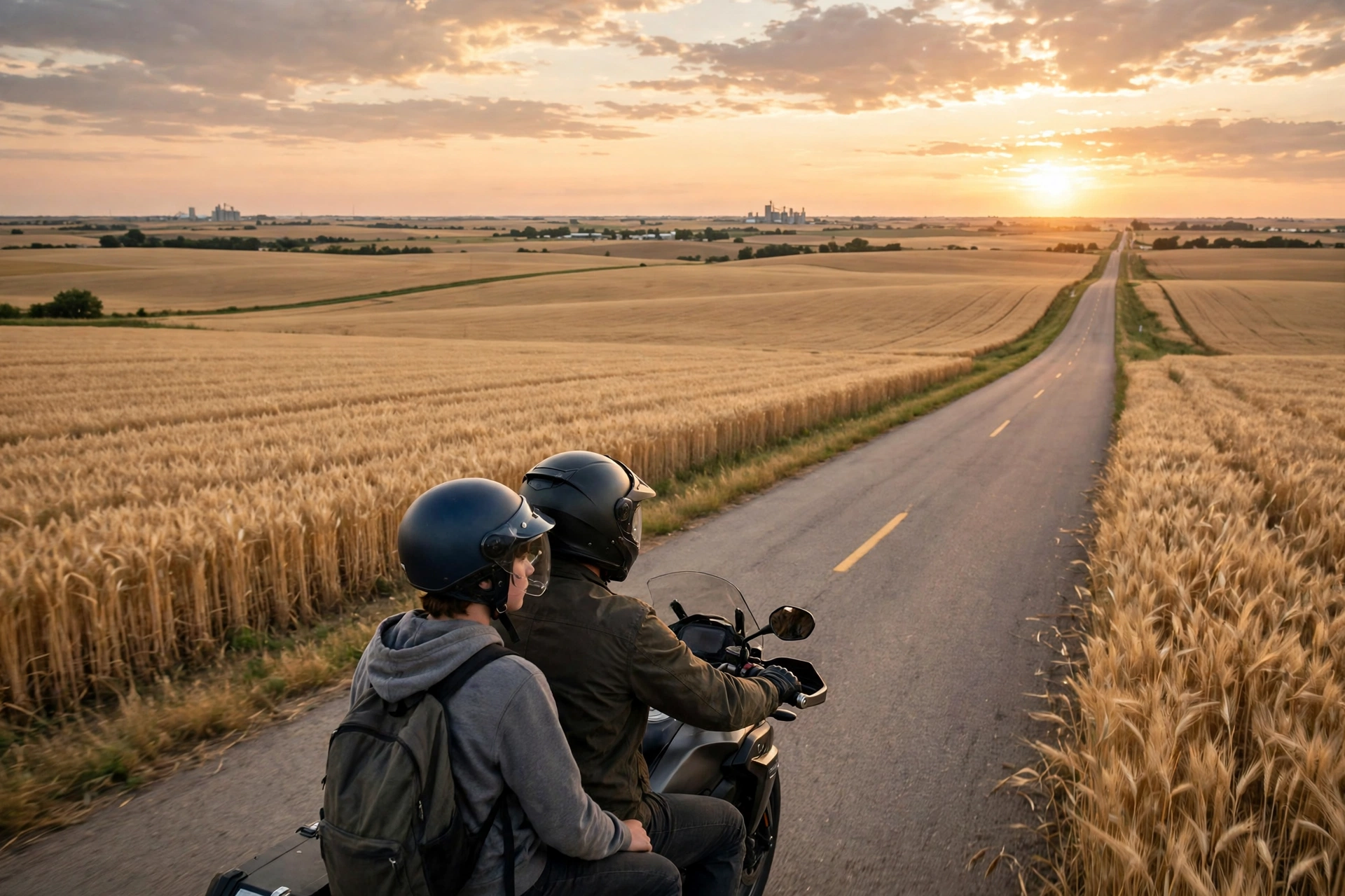 Teen passenger wearing a fitted motorcycle helmet on a Kansas highway