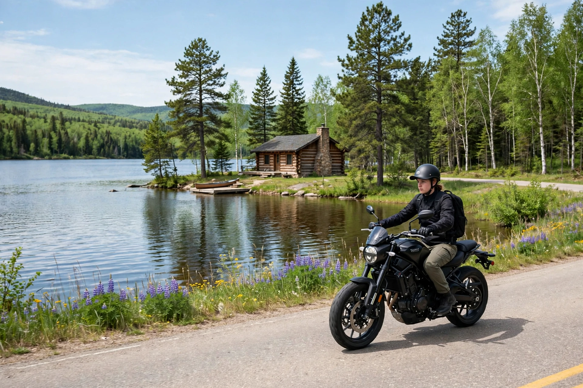 Young rider in a DOT helmet on a Minnesota lakeside road